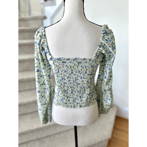 Abercrombie Light Green & Blue Ditzy Floral Puff Sleeve Cottagecore Blouse - Picture 4 of 8
